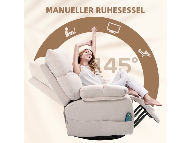 Fauteuil relax avec massage chauffant beige, inclinable à 145 degrés, pivotant à 360 degrés avec repose-pieds pour le salon - Conforama D