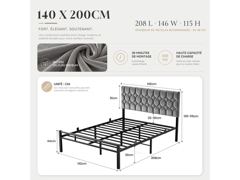  Lit 140x200 cm avec sommier à lattes, cadre de lit rembourré avec double système antidérapant et tête de lit réglable, lit double, gris  - Conforama E