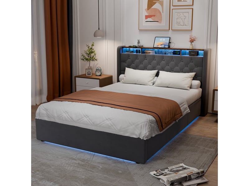  Lit rembourré gris 140 x 190 cm avec rangement hydraulique, étagère et ports usb-ausb-c  - Conforama D