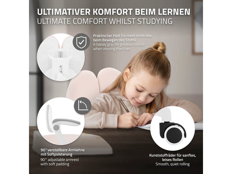  Ml-design chaise de bureau pour enfant 95-107 cm beige avec dossier divisé et repose-pieds siége d'étude ergonomique pivotant 360° hauteur réglable accoudoirs rabattables tissu respirant confortable  - Conforama D