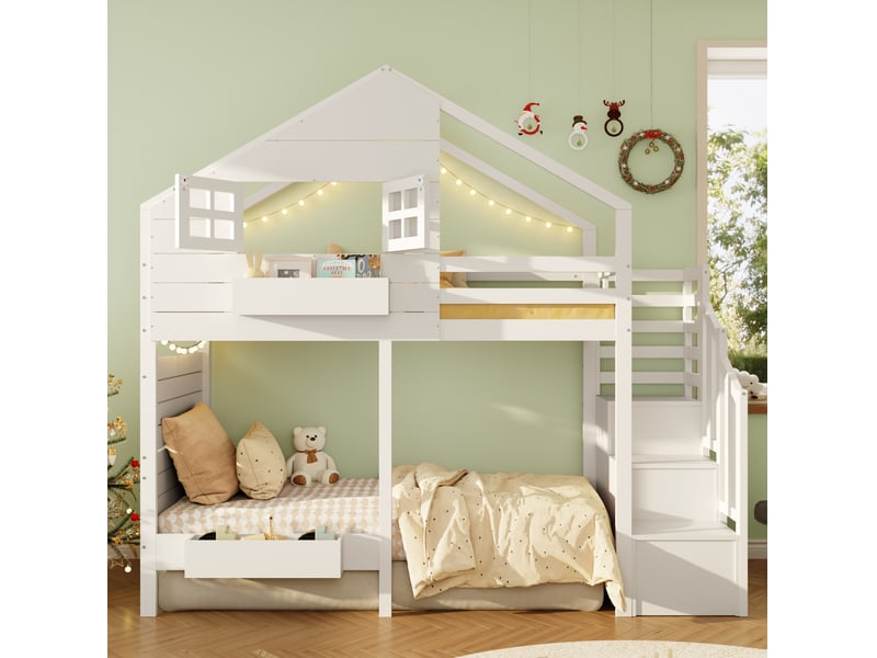  Lit superposé enfant 90x200 cm, escalier avec rangements, fenêtre, barrière, pin et mdf blanc, sans matelas  - Conforama B