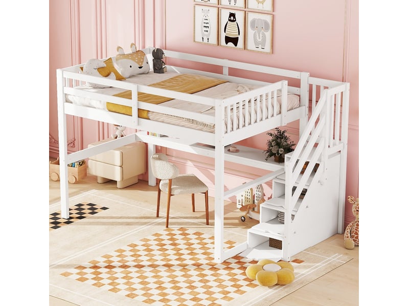  Lit mezzanine enfant 140x200 cm avec bureau, rangements et escalier, blanc  - Conforama D