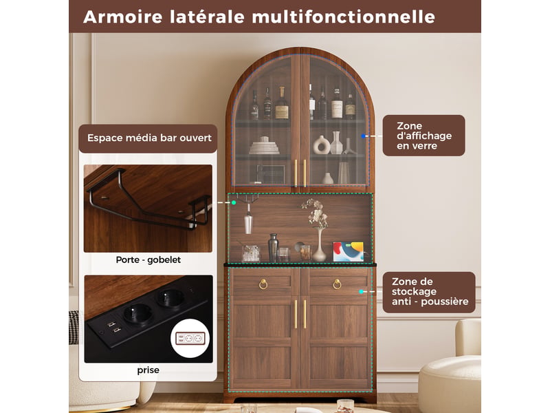  Buffet haut vitrine 80x40x180 cm finition noyer, led réglable par appli, prises et ports usb, 2 portes vitrées, 2 tiroirs, niche ouverte en arche  - Conforama E