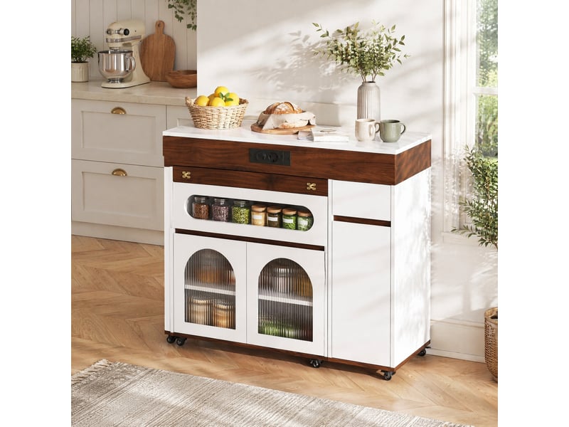  Desserte de cuisine extensible avec 1 tiroir, portes vitrées, roulettes et prises intégrées pour cuisine et salle à manger  - Conforama D