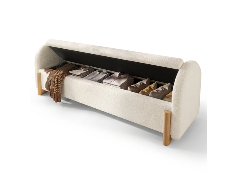  Banc coffre de bout de lit 146x47x61 cm en tissu chenille bouclé blanc  - Conforama A