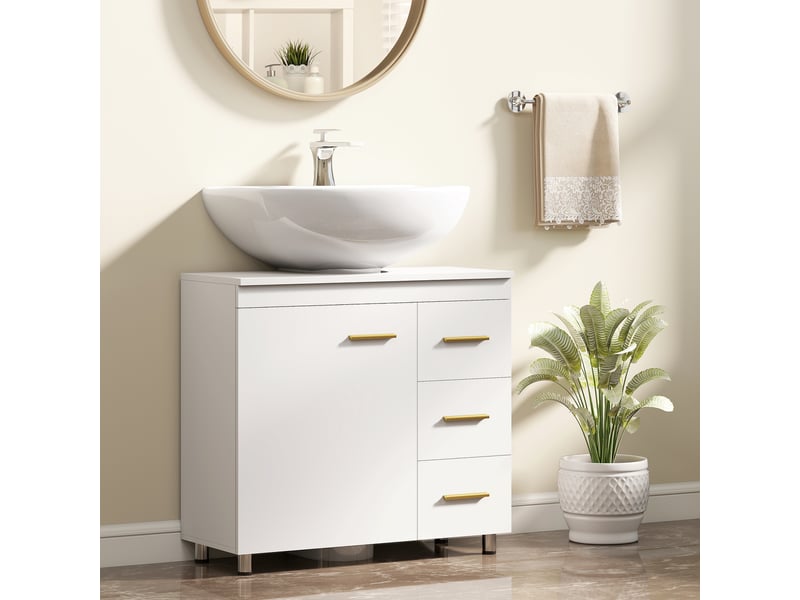  Meuble sous-évier avec niche en u, placard et 3 tiroirs, fermeture amortie, 70 x 30 x 65 cm, blanc  - Conforama C