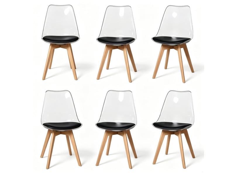  Lot de 6 chaises de salle à manger 49 x 42 x 83 cm noires, plastique, simili cuir et piètement en bois  - Conforama A