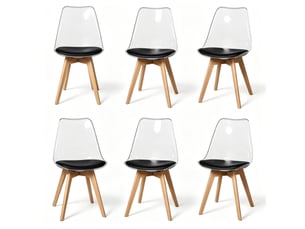 Lot de 6 chaises de salle à manger 49 x 42 x 83 cm noires, plastique, simili cuir et piètement en bois