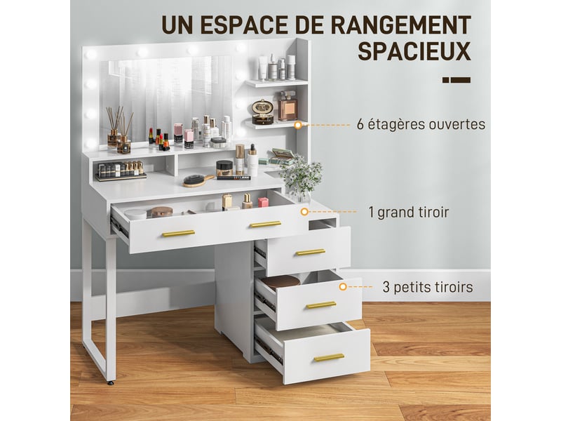  Coiffeuse avec miroir et 9 led 4 tiroirs et 6 niches blanc 100 x 40 x 138 cm  - Conforama D