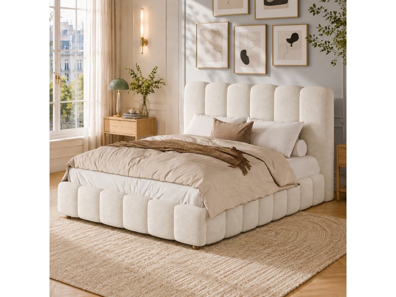  Lit adulte 140 × 190 cm, rangement hydraulique, avec sommier et tête de lit, tissu bouclé, blanc  - Conforama D