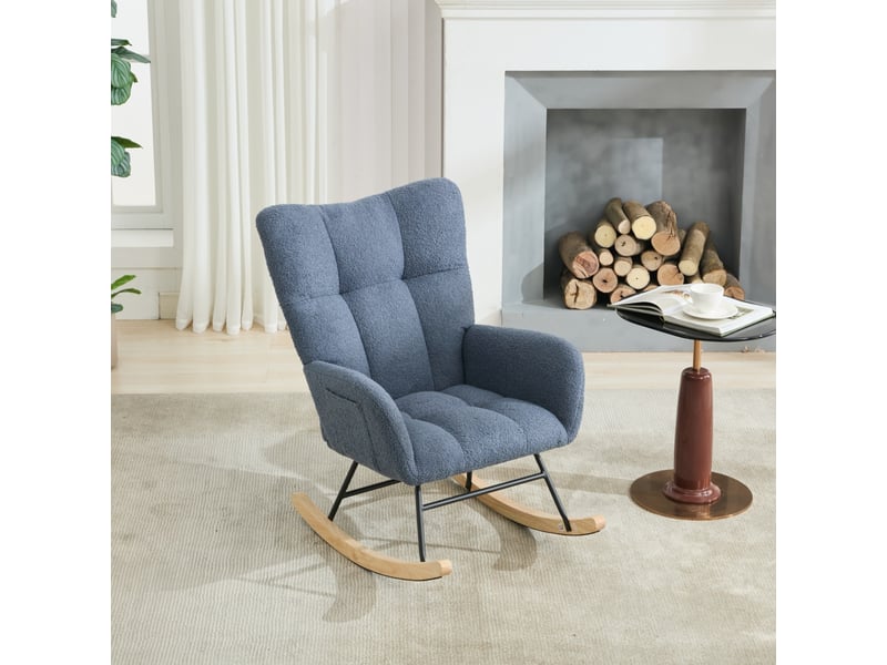  Fauteuil à bascule en tissu bouclette avec poche, fauteuil d'allaitement bleu marine, base en bois massif, 65x77x90 cm  - Conforama D