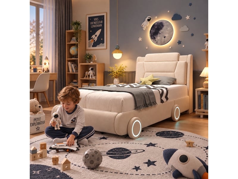 Lit voiture enfant 90 x 200 cm, velours crème, tête de lit réglable, roues lumineuses  - Conforama B