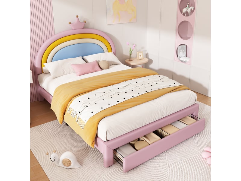  Lit rembourré pour enfants 140x200cm - avec 1 tiroir - tête de lit arc-en-ciel - hauteur de tête de lit réglable - pu - rose (sans matelas)  - Conforama E