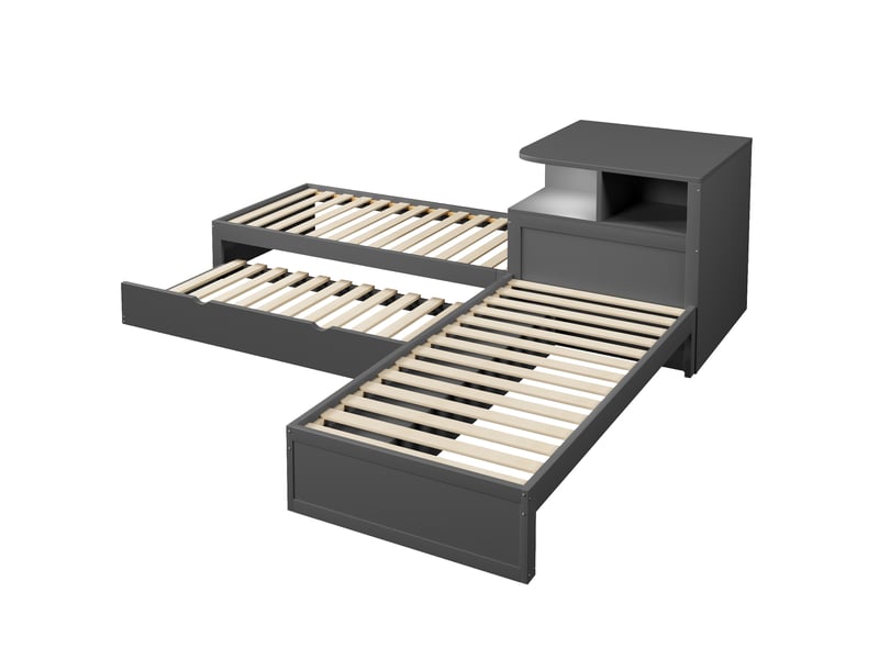 Lit superposé en l 90x200 cm avec lit gigogne, rangements coulissants et veilleuse led, gris, sans matelas - Conforama E