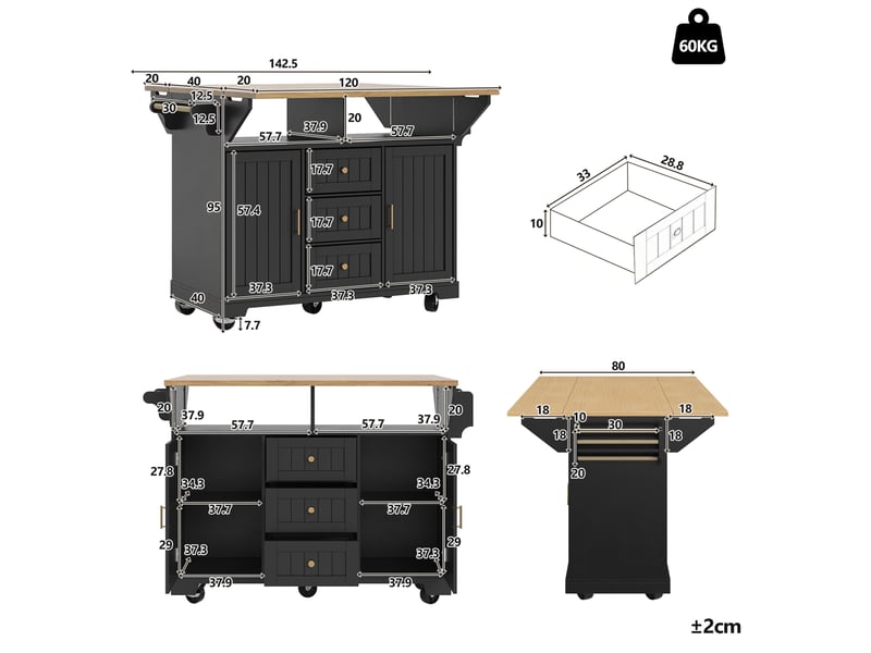  Desserte de cuisine 120x40x95 cm noire en mdf et métal, plateau rabattable et rangement sur roulettes  - Conforama C