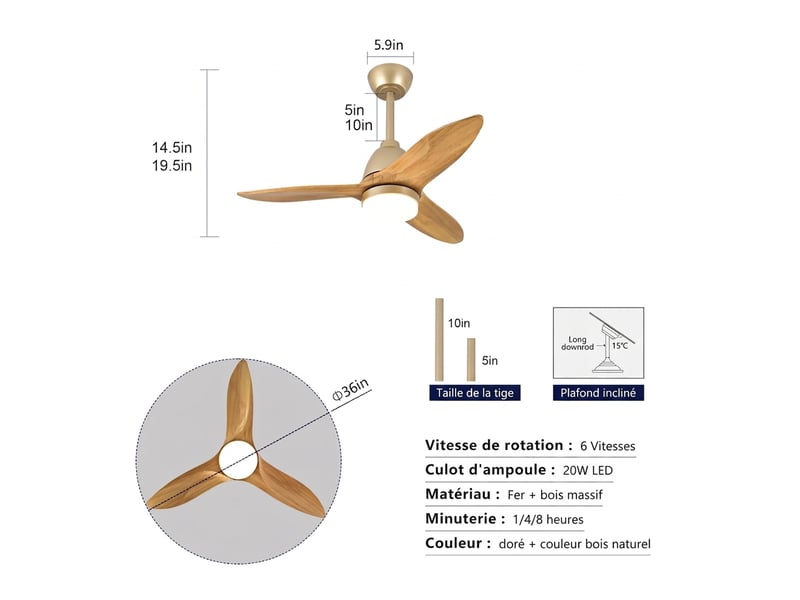  Ventilateur de plafond 92 cm, pales en bois massif naturel, moteur dc réversible silencieux avec lumière dimmable pour salon et chambre  - Conforama E