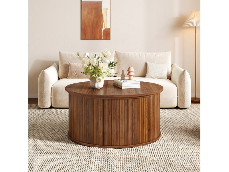 Table basse ronde relevable avec rangement 88x88x53,5 cm en mdf finition noyer - Conforama B