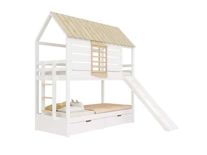  Lit superposé enfant 90 × 200 cm avec toboggan, 2 tiroirs et barrières, sans matelas, blanc naturel  - Conforama A
