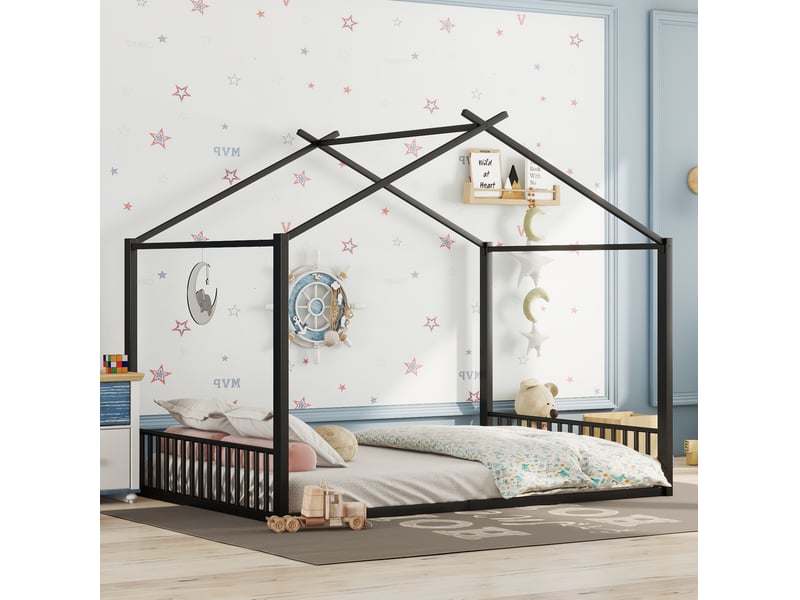  Lit enfant 140x200 cm en forme de maison, structure stable en métal noir, design simple sans matelas  - Conforama B