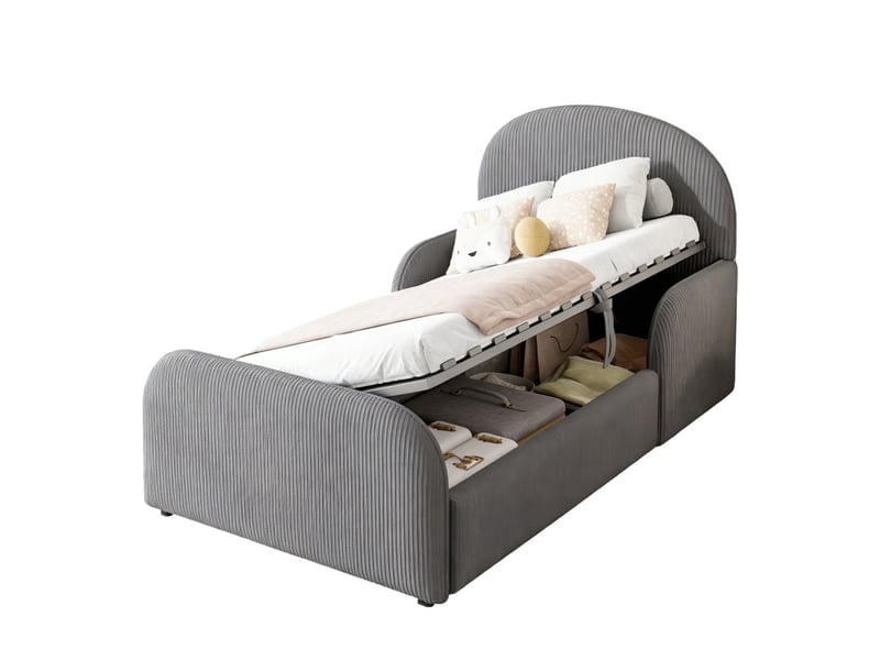  Lit enfant rembourré 90 x 200 cm avec rangement hydraulique en velours gris  - Conforama A