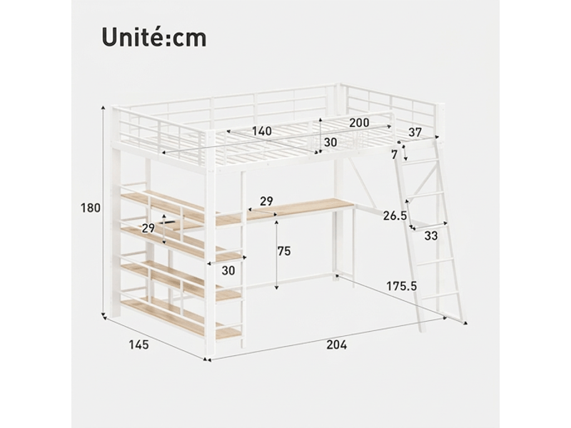  Lit mezzanine 140x200 métal blanc avec bureau intégré, led, port usb et étagères sans matelas  - Conforama C