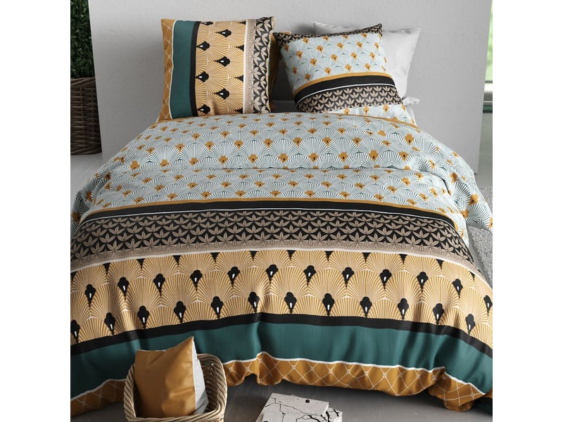  Parure housse de couette 240x220cm + 2 taies motif art-déco noir vert et jaune 100% coton - peio PEIO - Conforama C