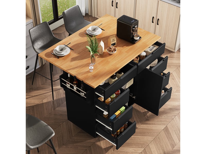  Îlot de cuisine moderne sur roulettes avec plateau pliant, desserte de cuisine avec 8 tiroirs, porte-épices et rangement, noir  - Conforama B
