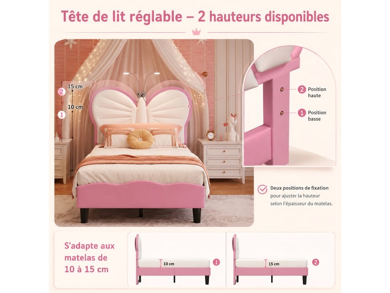 Lit enfant fille 90x190 cm, lit simple rembourré en velours avec tête de lit papillon et lampe de lecture led, hauteur réglable, rose et blanc - Conforama R