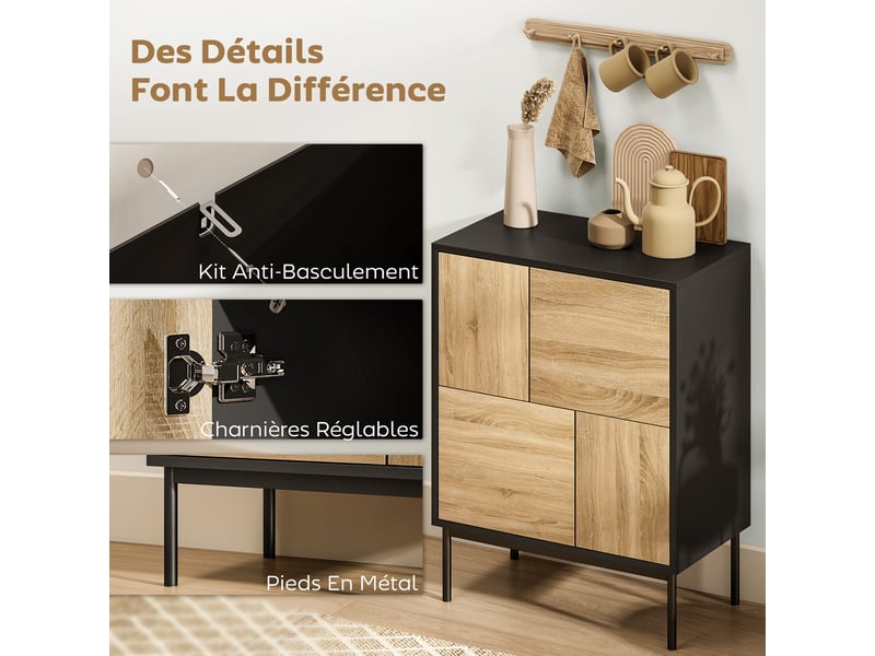  Buffet salon meuble de rangement armoire de cuisine portes à pousser et 4 placards 60 x 35 x 78 cm style moderne, noir  - Conforama R