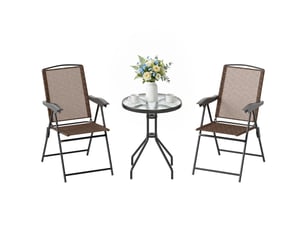 Ensemble de jardin 3 pièces 2 chaises inclinables multi-positions pliables + table ronde verre trempé métal