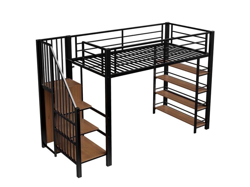  Lit mezzanine noir 90x200cm avec escalier rangement, armoire, bureau et étagères, gain de place, durable - fer - pour enfant ado  - Conforama D