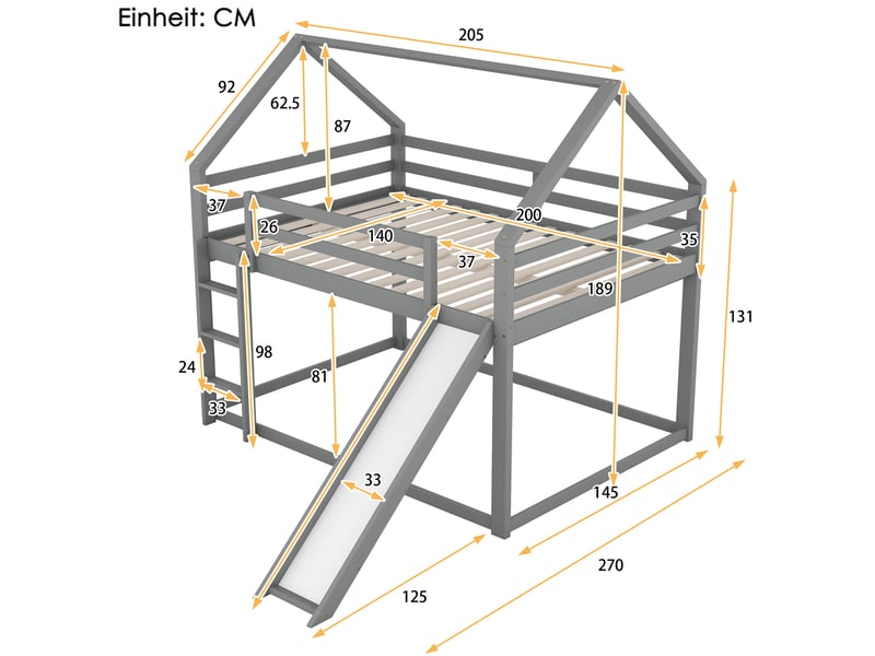 Lit superposé cabane avec toboggan, lit enfant double 140x200 gris en bois massif, avec échelle et sommier à lattes inclus. - Conforama C