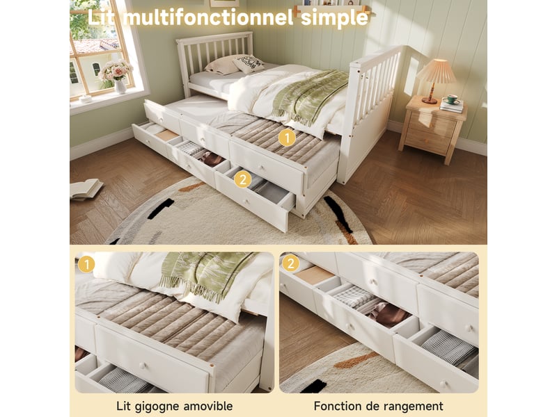  Lit gigogne 90x200 cm en bois massif blanc avec lit d'appoint 90x190 cm et 3 tiroirs  - Conforama D