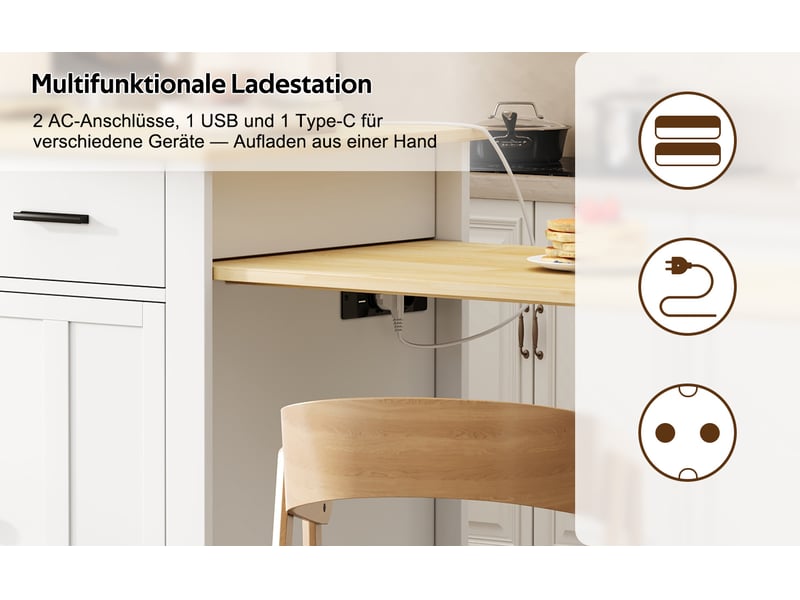 Îlot de cuisine mobile bois naturel et blanc en mdf, plateau extensible, 3 tiroirs, 7 roulettes, 136 (223) × 50 × 93 cm - Conforama E