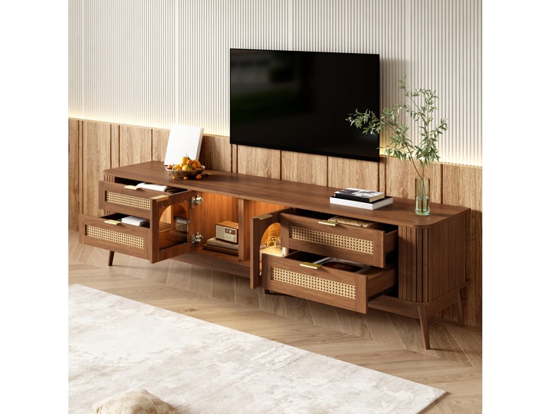  Meuble tv 4 tiroirs, 2 portes en verre de sécurité, led contrôlée par application, noyer 180 × 40 × 50 cm  - Conforama E