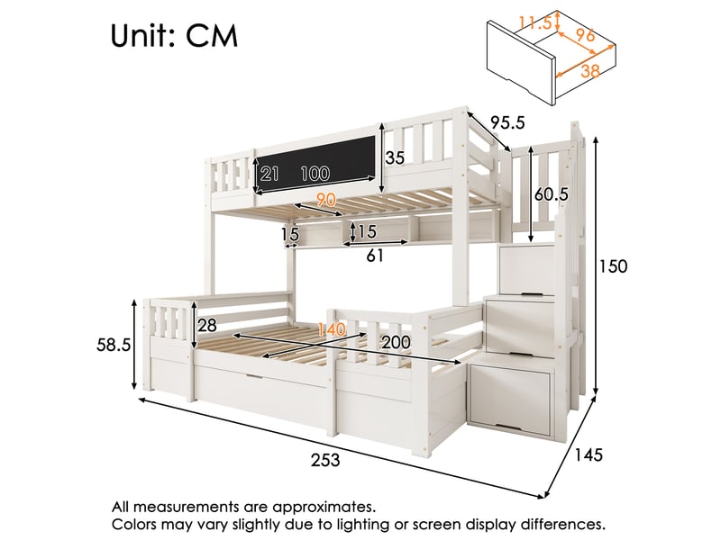  Lit superposé 3 places 90x200 et 140x200 avec tableau noir, escalier de rangement, tiroirs et armoire échelle bois blanc sans matelas  - Conforama C