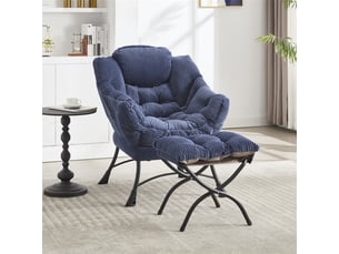 Fauteuil lounge bleu marine avec repose-pieds, accoudoirs et poche latérale, petit espace