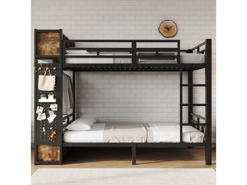  Lit superposé en métal 120x200 cm avec rangement, tringle, tiroir, panneau perforé, étagères ouvertes, noir Radiant Stride - Conforama C