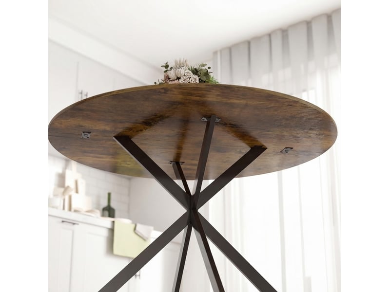  Table à manger ronde, 120 cm, repas, salle à manger et pratique, plateau bois, piètement acier, coloris marron rustique  - Conforama E