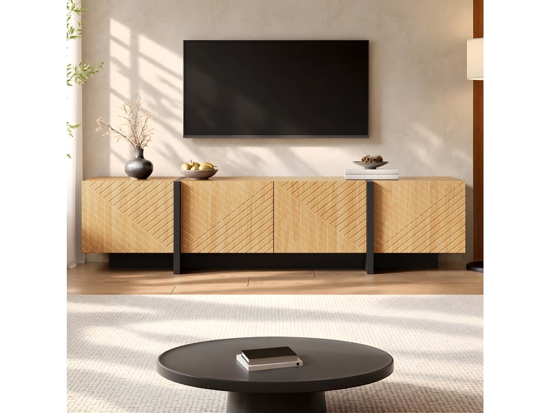 Meuble tv 187x32x45 cm avec 4 portes et passe-câbles, pour le salon, en mdf et panneau de particules, naturel et noir  - Conforama D