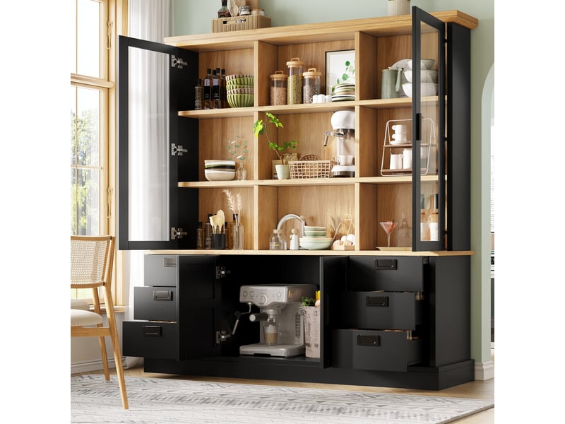  Buffet de cuisine avec 6 tiroirs et portes vitrées, anti-basculement, pour cuisine, salle à manger, 140 × 40 × 185 cm  - Conforama B