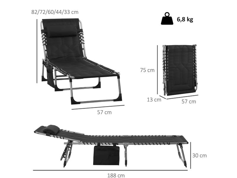  Transat pliable avec dossier réglable 5 positions et poche noir 188 x 57 x 30 cm  - Conforama C
