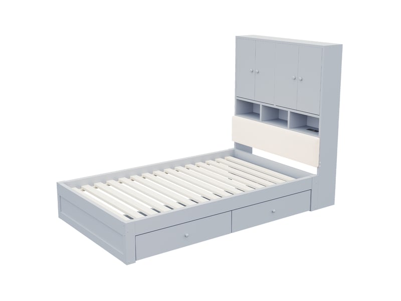  Lit 1 place 90 x 200 cm gris en bois, tête de lit avec rangements, éclairage led, prise et 2 tiroirs  - Conforama D