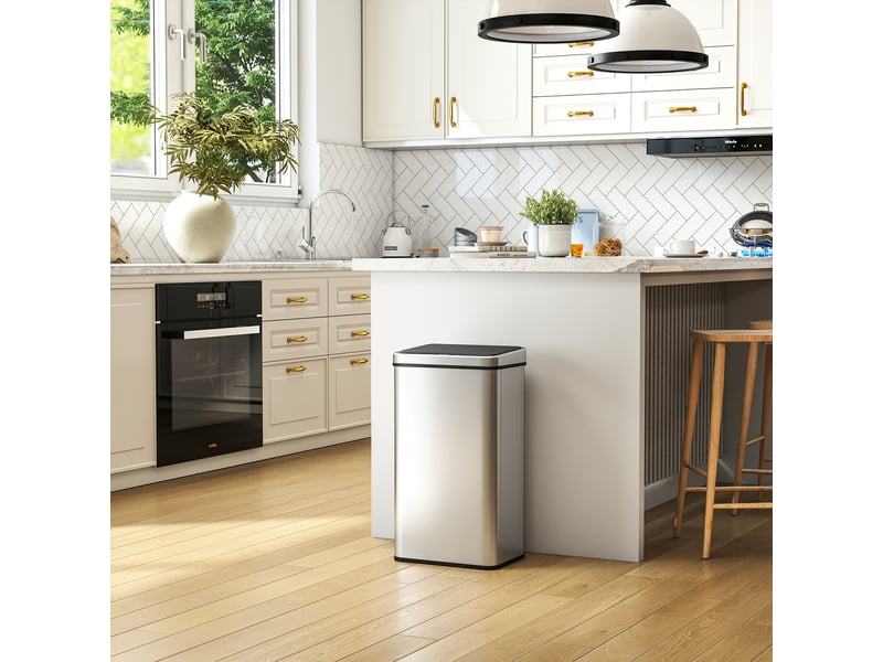  Poubelle à capteur de 50l, couvercle à fermeture en douceur, poubelle de cuisine automatique acier inoxydable, argenté  - Conforama D
