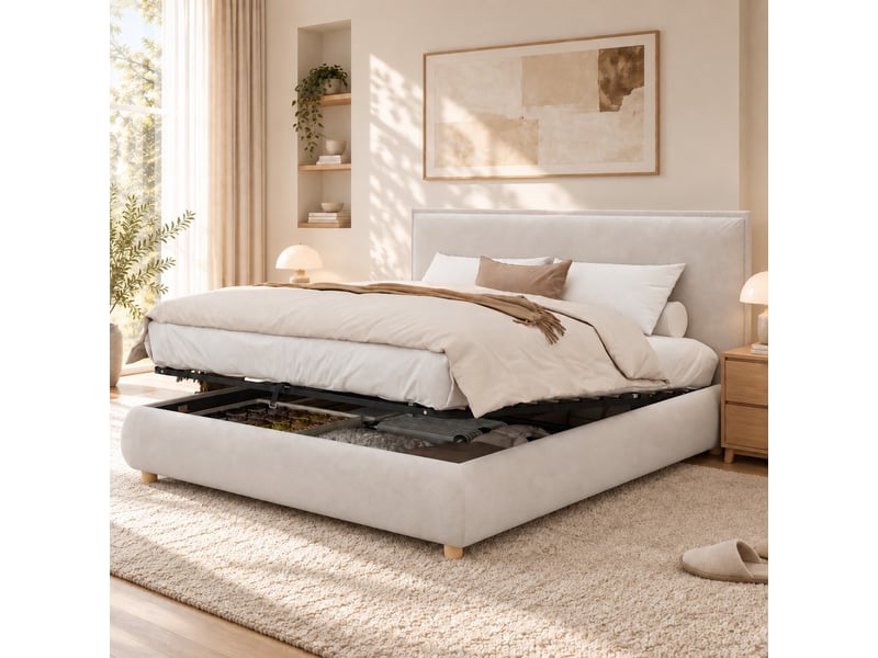  Lit coffre rembourré 180 × 200 cm avec sommier à lattes, velours crème Fay Lum - Conforama B