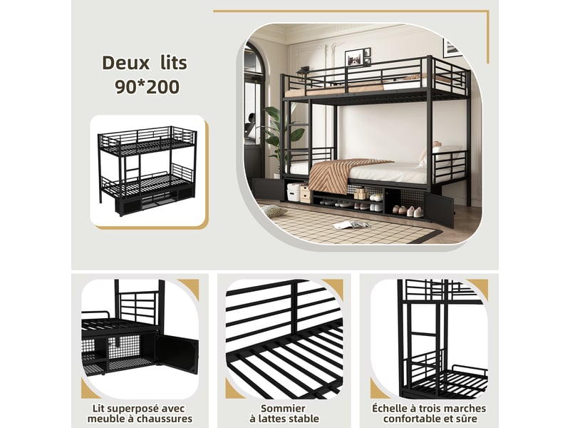  Lit superposé enfant 200×90 cm avec étagère à chaussures et 2 placards, sans matelas, en métal noir  - Conforama E