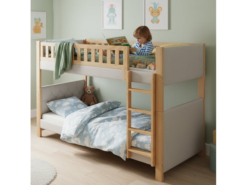  Lit superposé enfant 90x200 cm, structure de lit avec escalier droit 4 marches, sommier, bois mdf, gris, sans matelas  - Conforama B