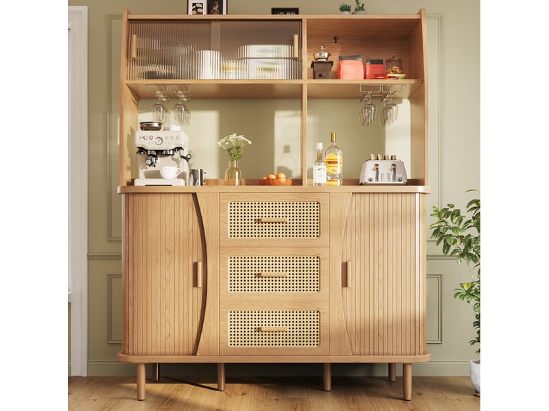  Buffet de cuisine avec 3 tiroirs, portes coulissantes en verre et range-verres, mdf, bois, 140 × 40,5 × 174,5 cm  - Conforama C