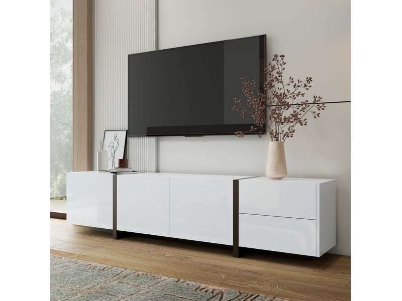  Meuble tv bas 170 x 30 x 39 cm, 3 portes, tiroir, porte rabattable, blanc et noir  - Conforama E