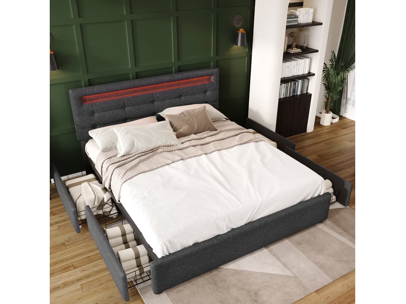  Lit rembourré 140 × 200 cm 2 places avec 4 tiroirs, led réglable, tête de lit ajustable, matelas inclus, gris  - Conforama B